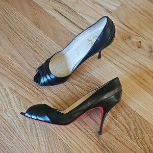 Christian Louboutin Black Peep-Toe Stiletto Heels with Red Sole